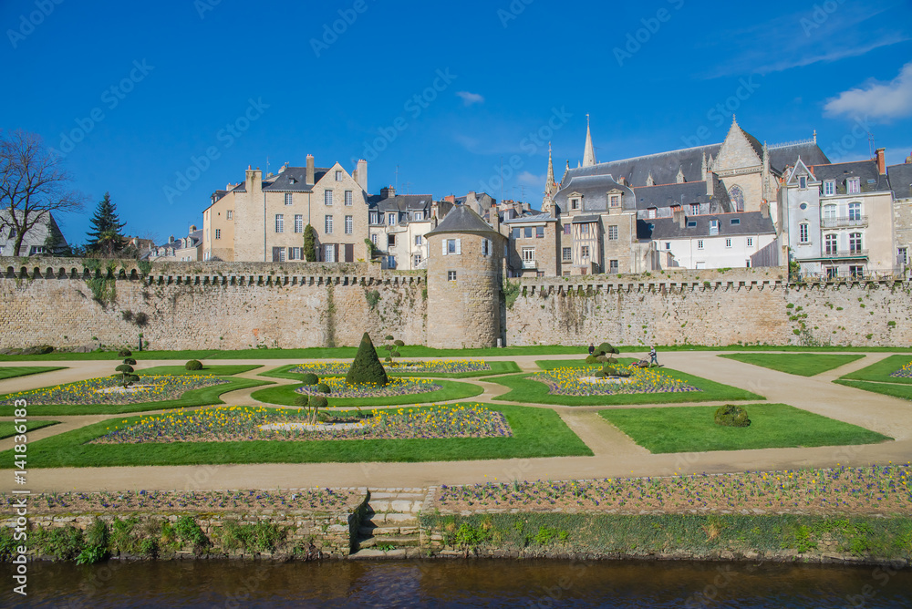 Vannes, Brittany, view of the ramparts garden with flowerbed 