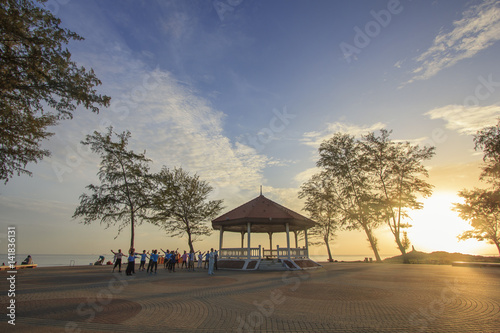 View of the park which have group of people was exercise in morning : Samila beach, Songkhla, southern of Thailand