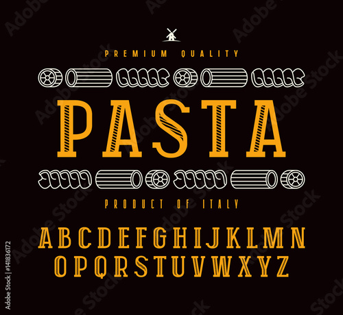 Decorative slab serif font and pasta label