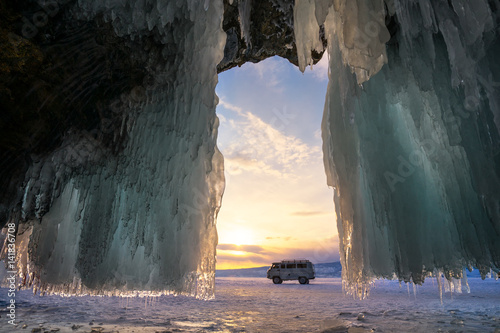 Fototapeta Naklejka Na Ścianę i Meble -  Ice cave on Olkhon island on Baikal lake in Siberia at winter time