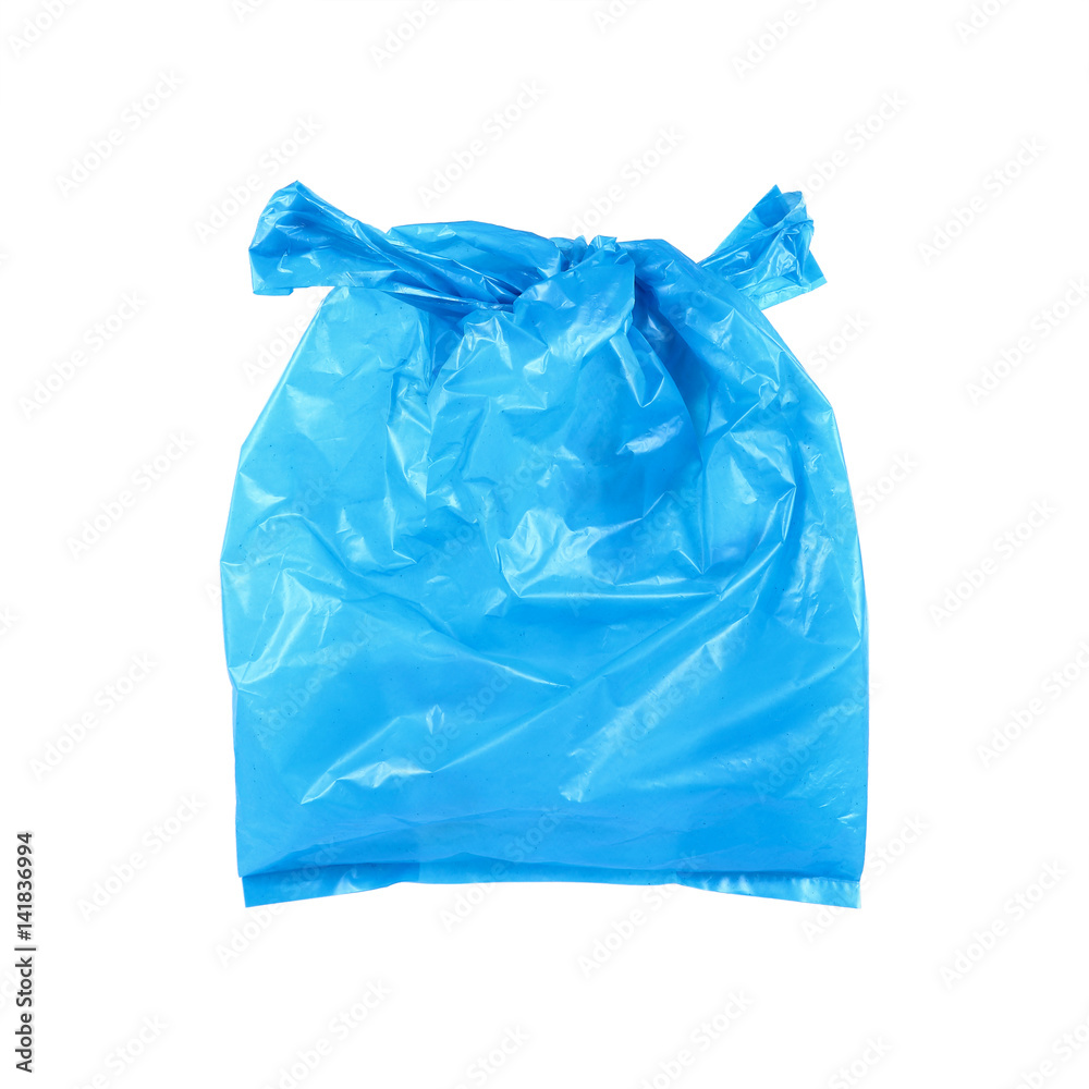 one tied blue plastic bag isolated on white