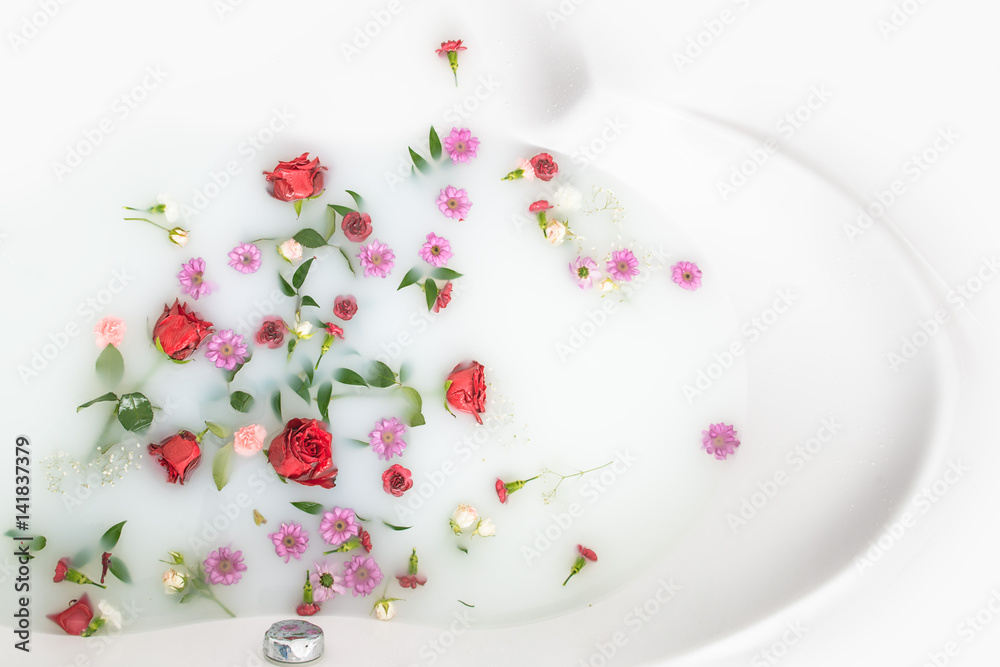 mix flower petals and leaves in milk bath, background or texture for massage and spa, relax  - obrazy, fototapety, plakaty 