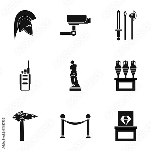 Going to museum icons set, simple style