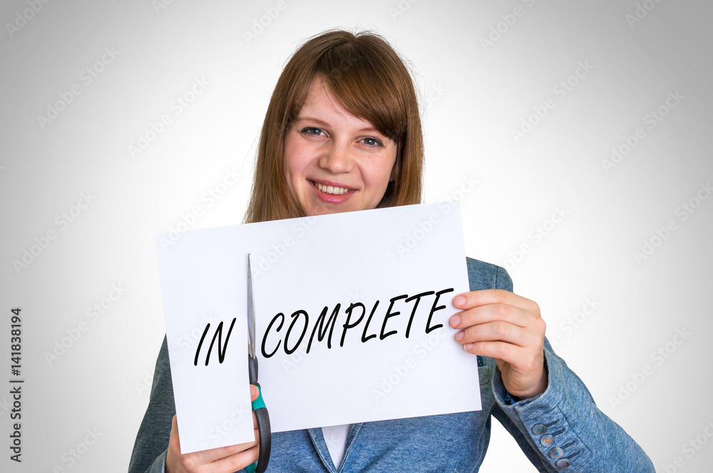 Woman cutting paper by scissors with incomplete word Woman cutting paper by scissors with incomplete word