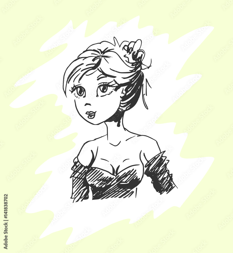 Pentekening van mooie jonge vrouw
