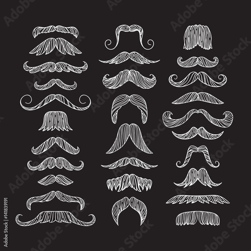 Set of hand drawn old fashion mustaches. Black contour artistic drawing. Actual hipster vector. Male barber sahop illustration