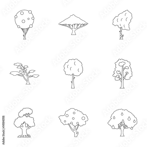 Arboreal plant icons set, outline style
