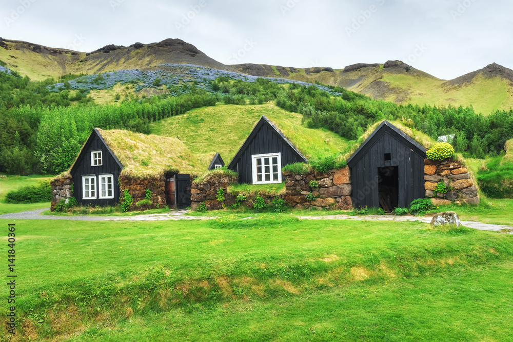 A small wooden church and cemetery Hofskirkja Hof, Skaftafell Iceland. Scenic sunset through tree crowns