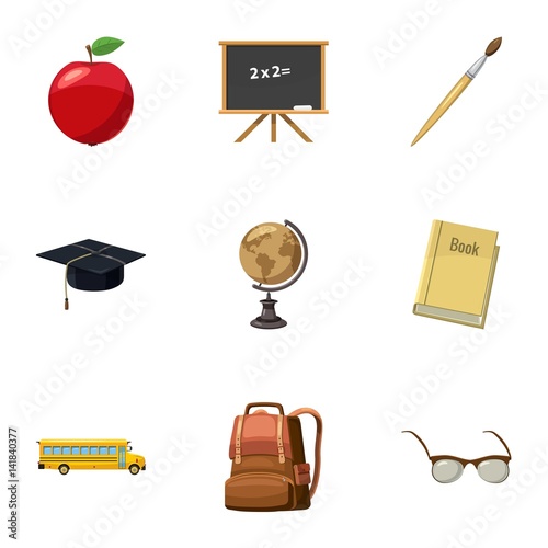 Schooling icons set, cartoon style