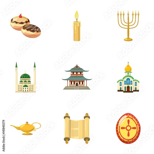 Faith icons set, cartoon style