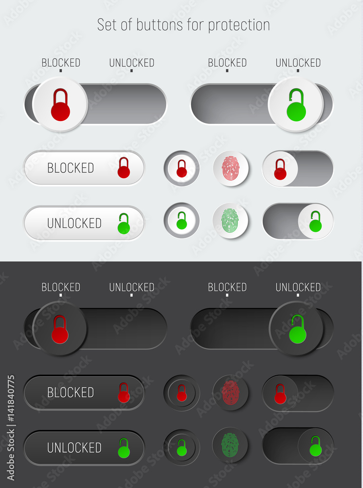 set of sliders and switches with a red and green padlock for white and black interfaces set of sliders and switches with a red and green padlock for white and black interfaces