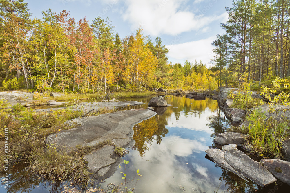 Lake in forest. Karelian autumn Landscape