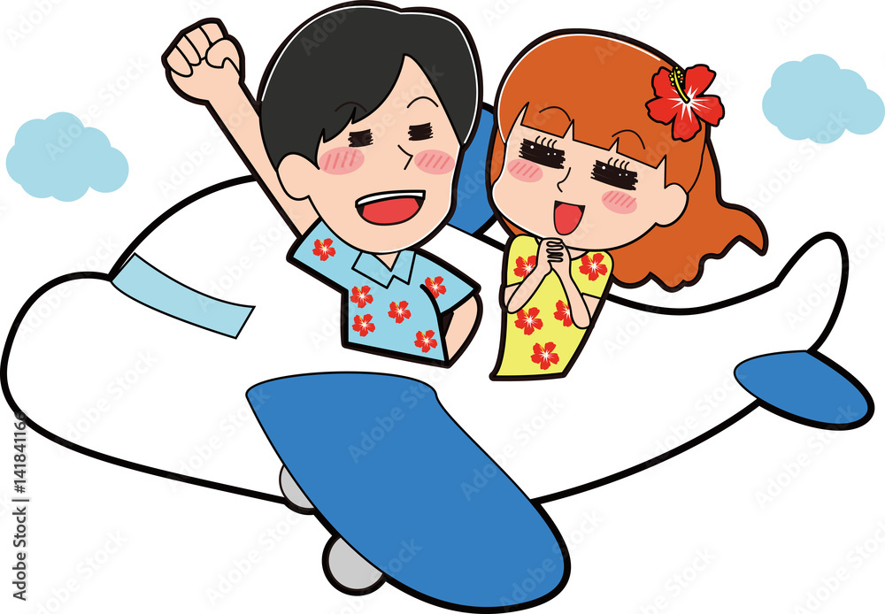 アロハシャツを着て飛行機に乗るカップルのイラスト Stock Vector Adobe Stock