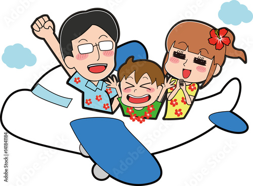 アロハシャツを着て飛行機に乗る３人家族のイラスト Stock ベクター Adobe Stock
