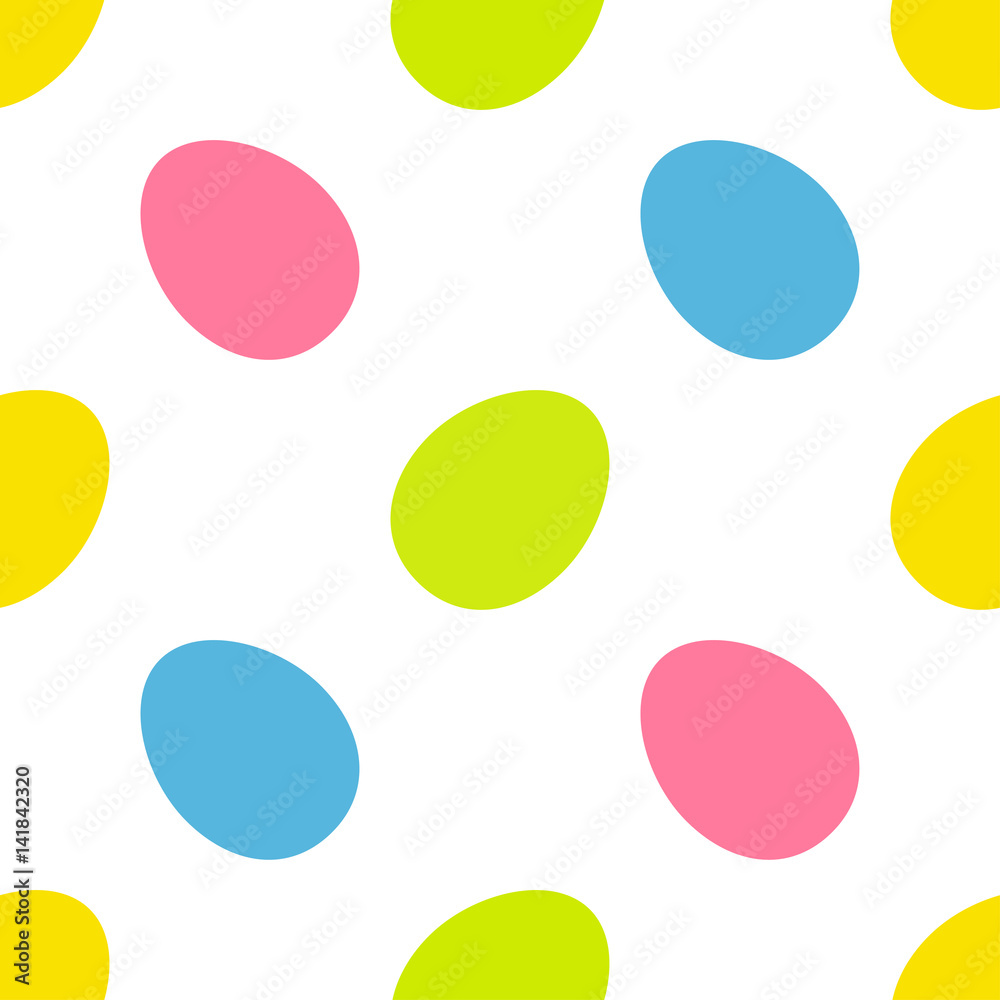 Painting egg Painted shell set. Happy Easter Bright Color Seamless Pattern Wrapping paper, textile template. White background. Flat design.