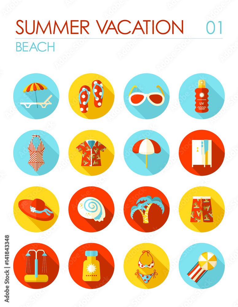 Beach flat icon set. Summer. Vacation
