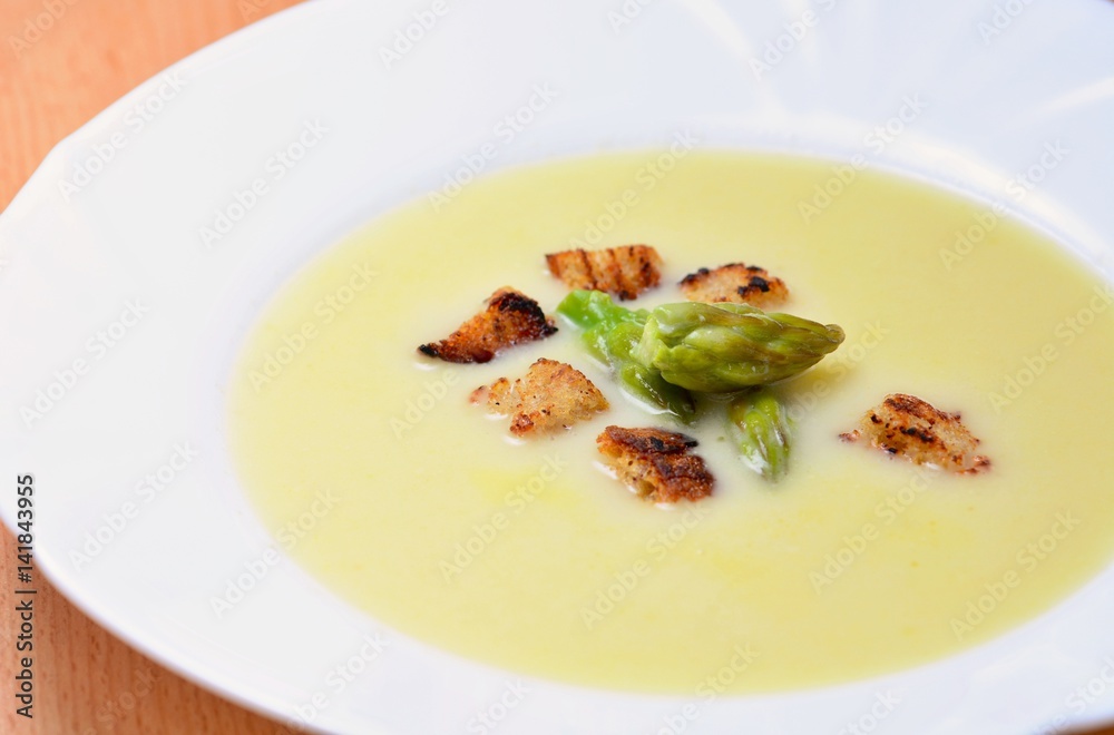 Cream Asparagus Soup with Whole Green Asparagus Heads and Croutons. Cream Asparagus Soup with Whole Green Asparagus Heads and Croutons.