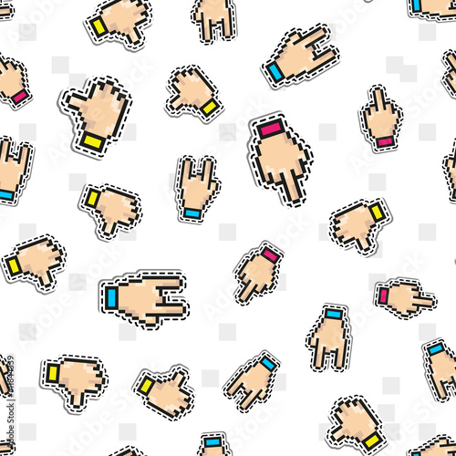 Vector seamless pattern with Thumbs down, Two fingers sign, middle finger icon. Background of fuck you, rebel, furious words, indecent gestures. Pixel art trendy design vector illustration for print