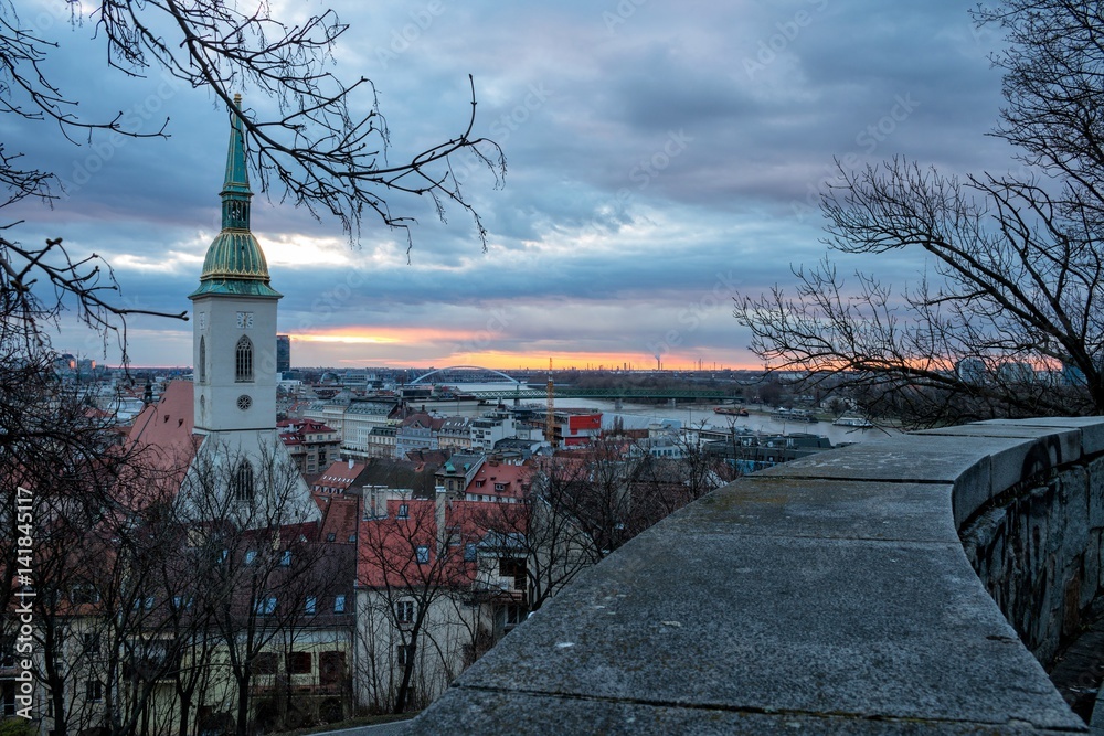 Bratislava, Slovakia - March 19, 2017: St. Martin's Cathedral and panoramic view of the city early morning