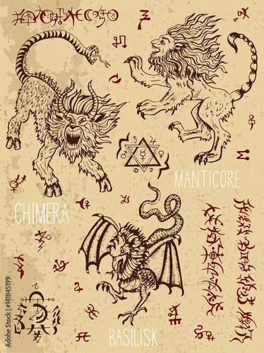 Monsters set with occult and mystic symbols. Graphic vector illustration. Engraved line art drawings