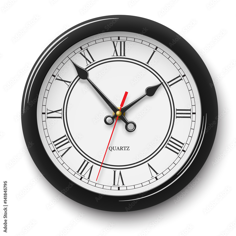 Noble wall clock with roman numerals in black glossy body isolated Noble wall clock with roman numerals in black glossy body isolated