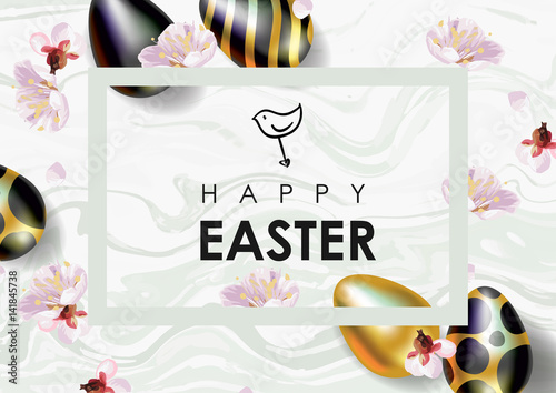 Easter sale vector illustration. Realistic festive eggs and spring plum tree flowers. Sketch drawing bird. Flayer, voucher or coupon template. Gold and Marble texture.