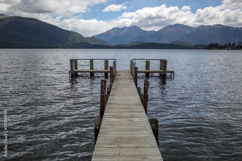 Wooden jetty at the mountain lake  South Island  New Zealand  