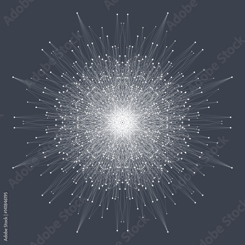 Fractal element with connected lines and dots. Big data complex. Virtual background communication or particle compounds. Digital data visualization, minimal array. Lines plexus. Vector illustration.