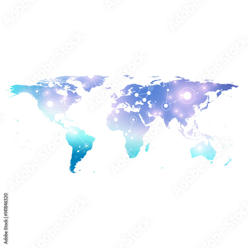 World Map. Geometric graphic background communication. Big data complex with compounds. Perspective backdrop. Digital data visualization. Minimalistic chaotic design, vector illustration.