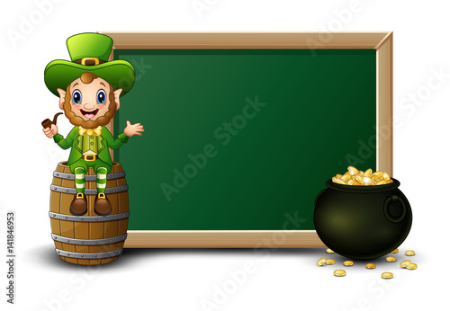 Cartoon leprechaun sitting above barrel with chalkboard and pot of gold coins