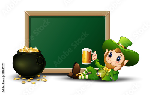Cartoon Leprechaun holding a mug beer with chalkboard and pot of gold coins