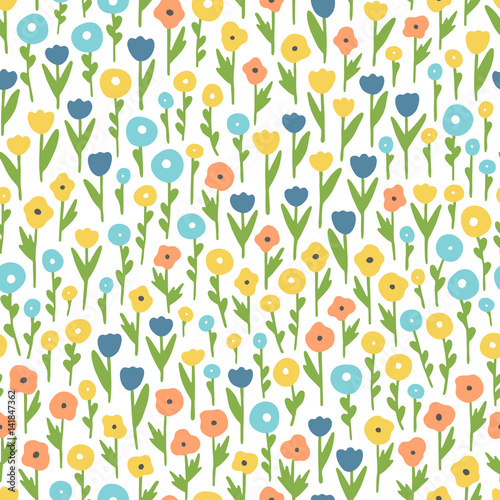 Various wildflowers. Seamless vector pattern with abstract flowers. 