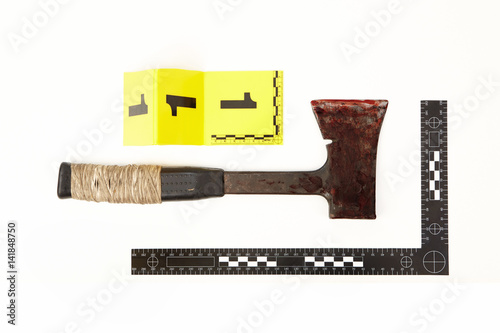 Bloody axe as evidence of violent crime photo