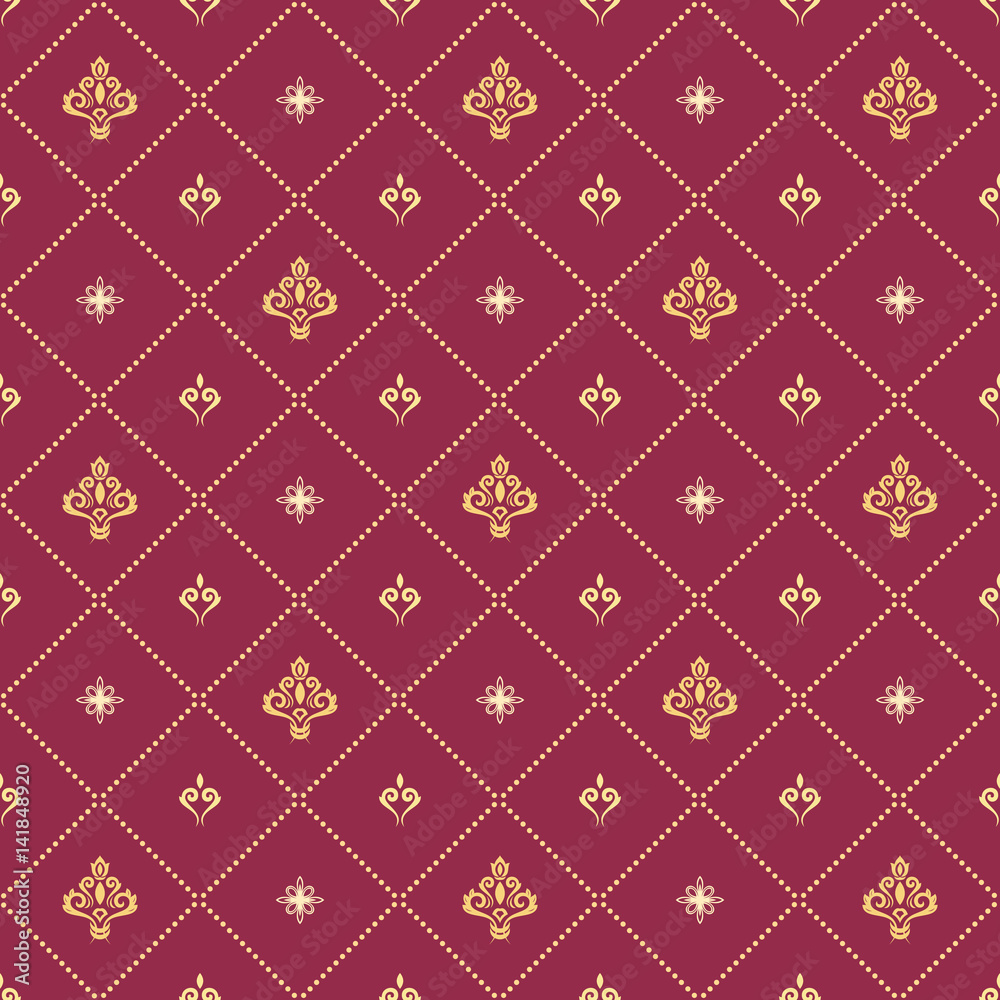 Fototapeta premium Seamless red and golden ornament. Modern geometric pattern with royal lilies