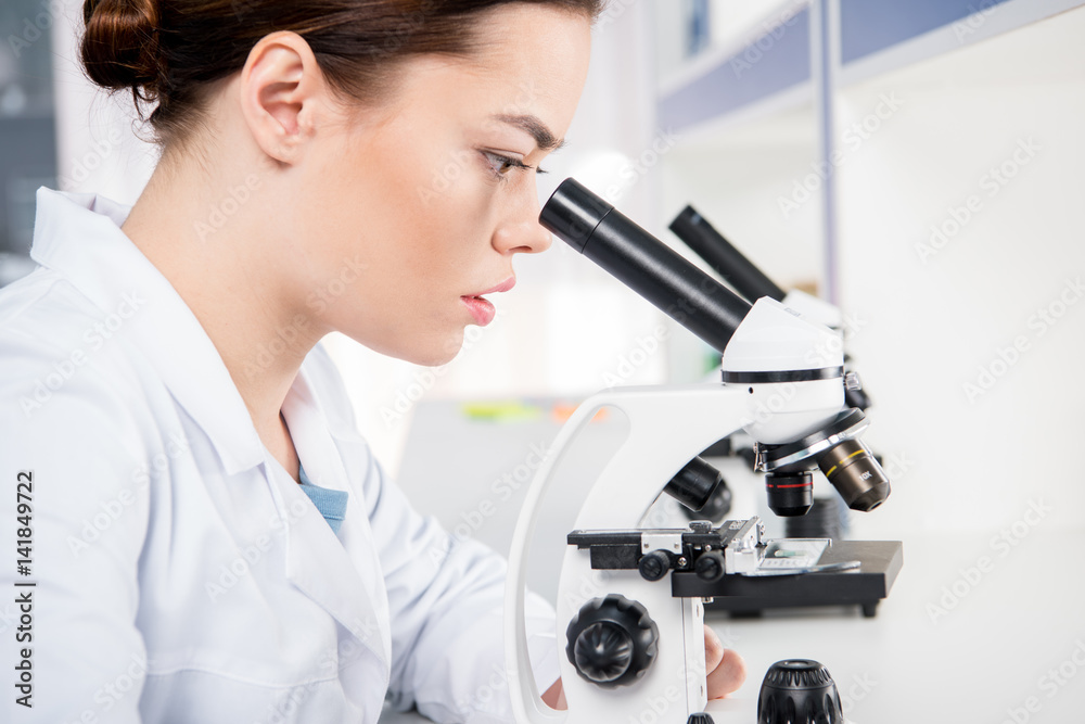 Scientist working with microscope