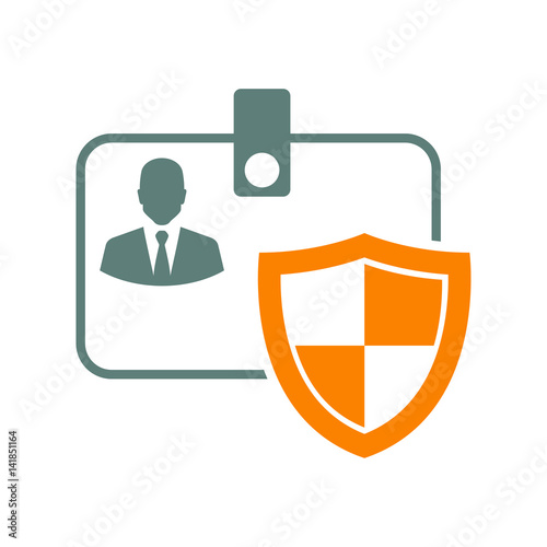 Icono plano identificacion horizontal gris con escudo naranja en fondo blanco
