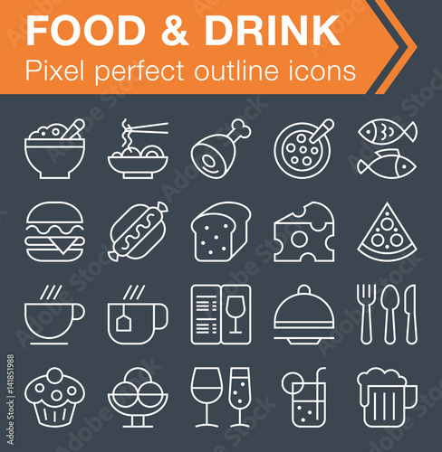 Pixel perfect outline food and drink icons for mobile apps and web design.