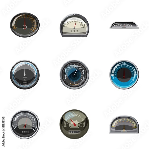 Engine speedometer icons set, cartoon style
