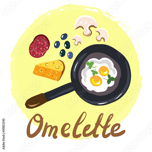 Top view omellete cooking ingredients cartoon free hand drawn style illustration