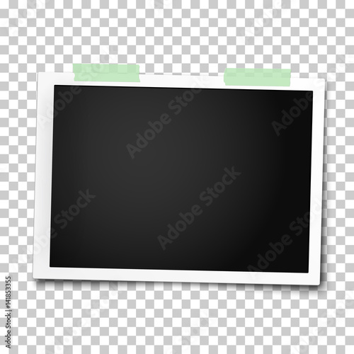 Realistic vector photo frame with straight edges placed on wall by two pieces of green adhesive tape. Template photo design.