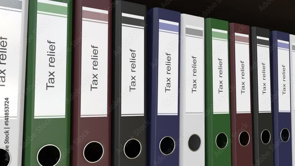 Line of multicolor office binders with Tax relief tags. 4K seamless loop clip Line of multicolor office binders with Tax relief tags. 4K seamless loop clip