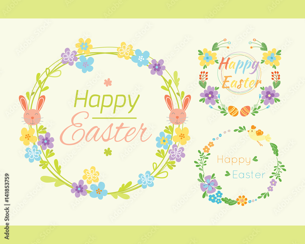 Happy easter hand drawn badge with hand lettering greeting decoration element and natural wreath handmade style vintage symbol spring flower vector illustration. Happy easter hand drawn badge with hand lettering greeting decoration element and natural wreath handmade style vintage symbol spring flower vector illustration.