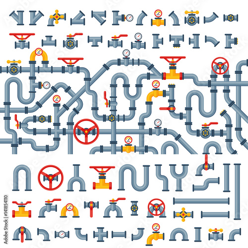 Details pipes different types collection of water tube industry gas valve construction and oil industrial pressure technology plumbing vector illustration.