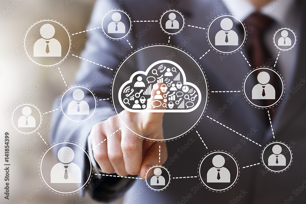 Businessman pushing button cloud network icon