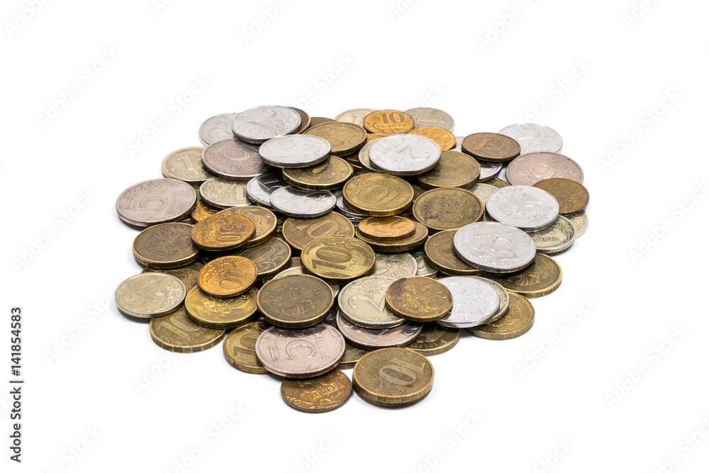 Heap of russian coins of various values: 10 and 50 kopecks, 1, 2, 5 and 10 roubles. Heap of russian coins of various values: 10 and 50 kopecks, 1, 2, 5 and 10 roubles.