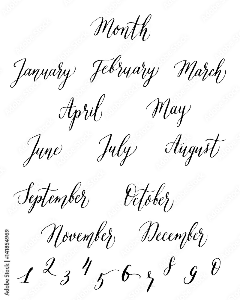 Set of months. Calendar for all year, numbers. Ink illustration. Stock ...