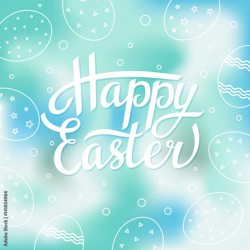 Easter greeting card with white eggs on blurred background. Vector illustration