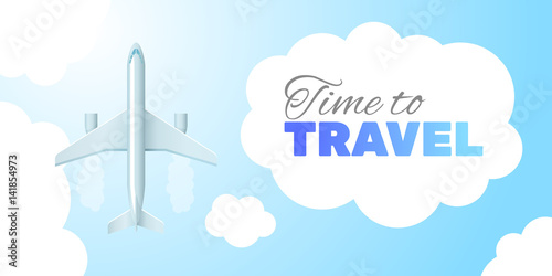 Inscription travel time in the cloud. Business trip banner. Air travel concept.