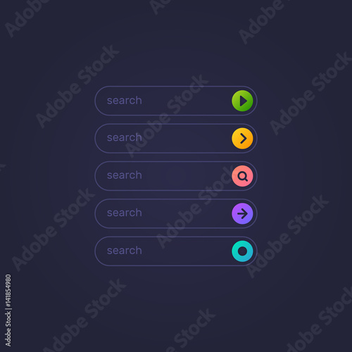 Set of search bar boxes. UI interface template isolated on dark background. Vector design element.