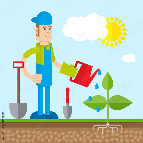 The gardener watered the plant. Vector illustration